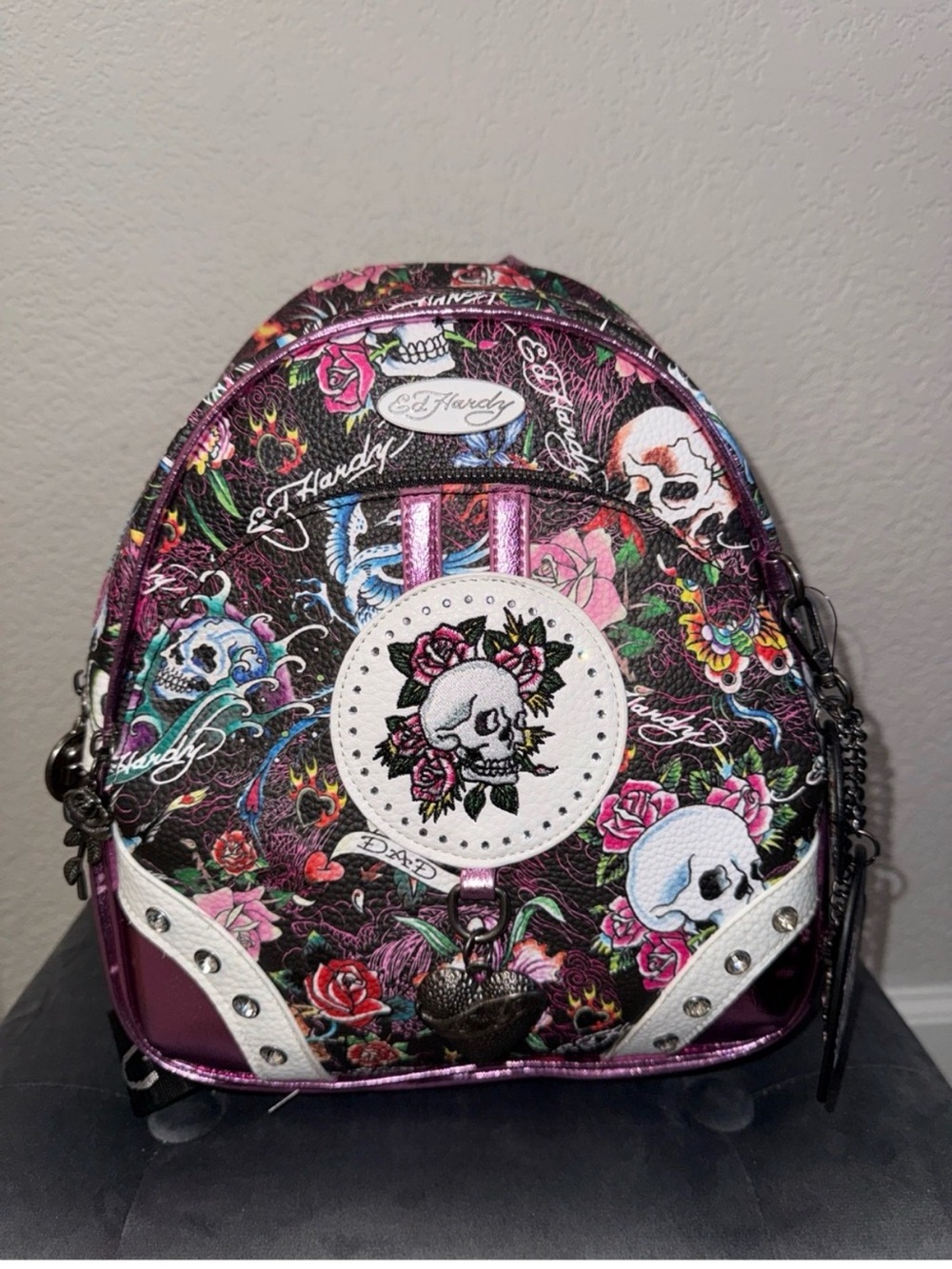 Ed Hardy Pink Purple Floral Skull Mini Backpack